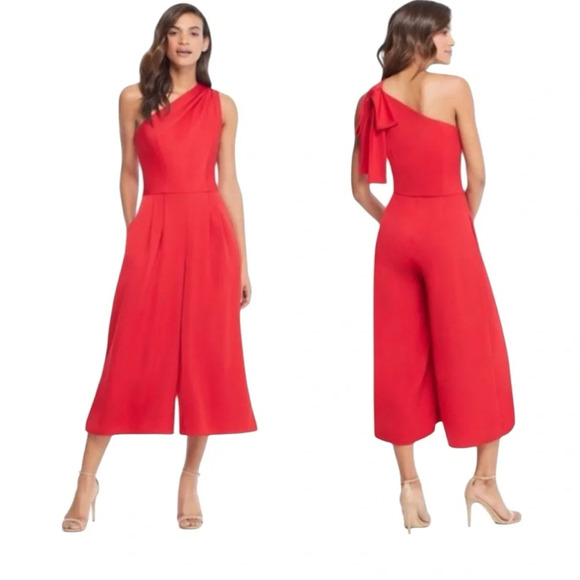Gal Meets Glam Red Carmen One Shoulder Bow Wide Leg Jumpsuit - Picture 1 of 11